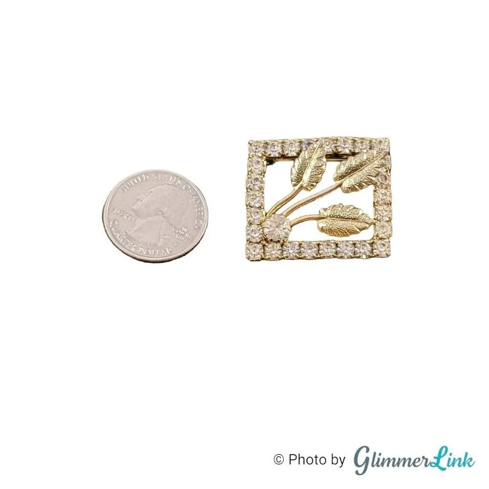 Vintage Rectangle Leaf Rhinestone Openwork Gold Tone Brooch Pin